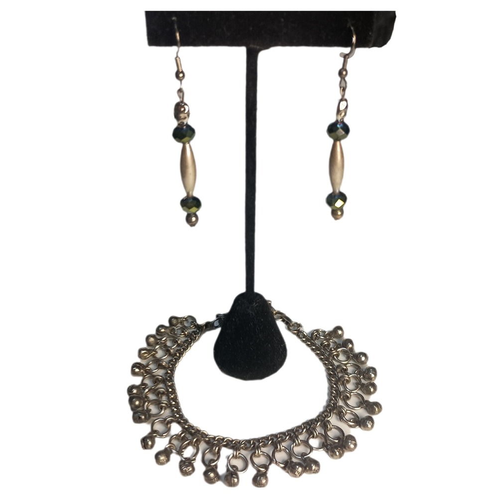 Boho Bracelet & Dangle Earrings Set Silver Tone Beaded Jewelry SKUJ029